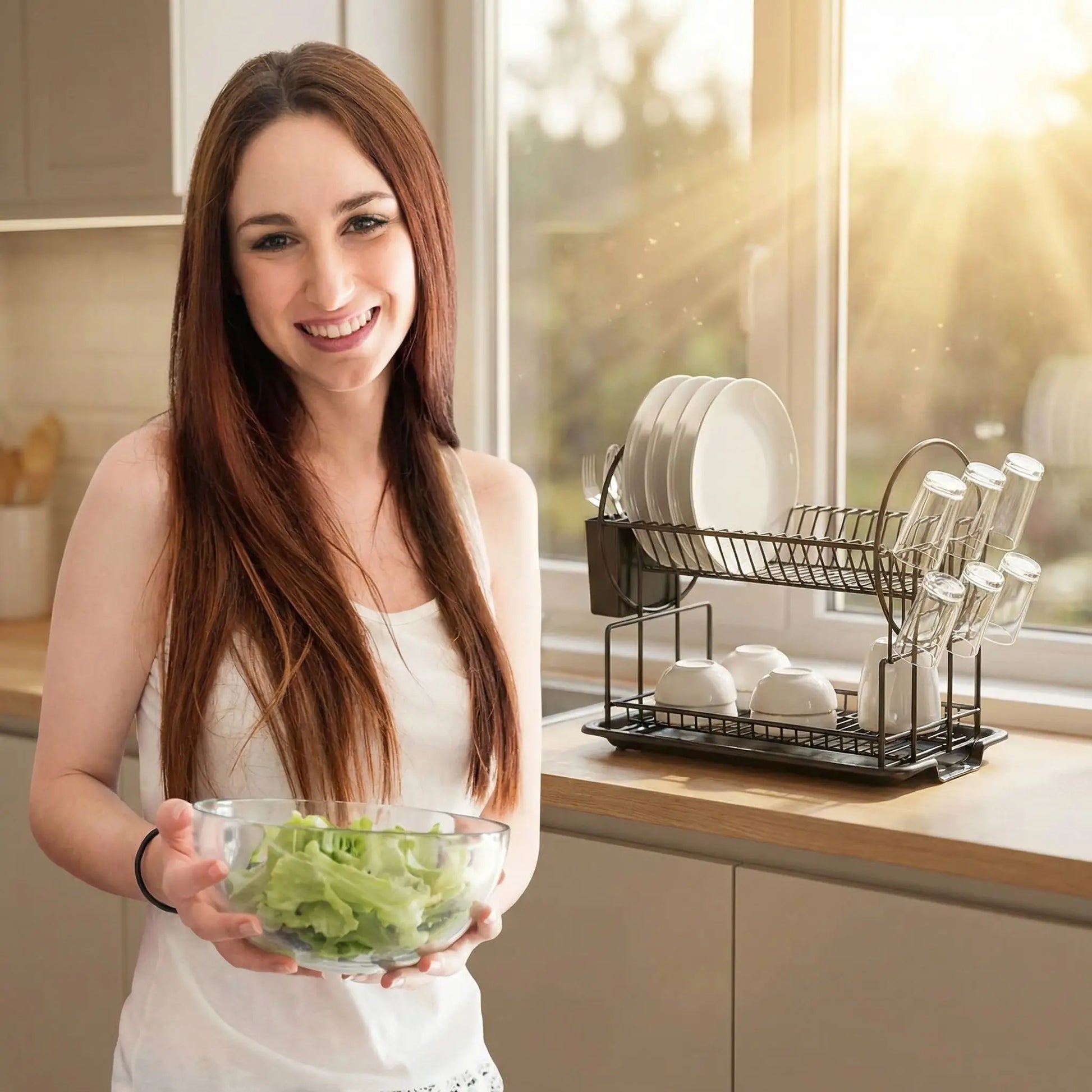 Femme qui présente une salade devant la vaisselle